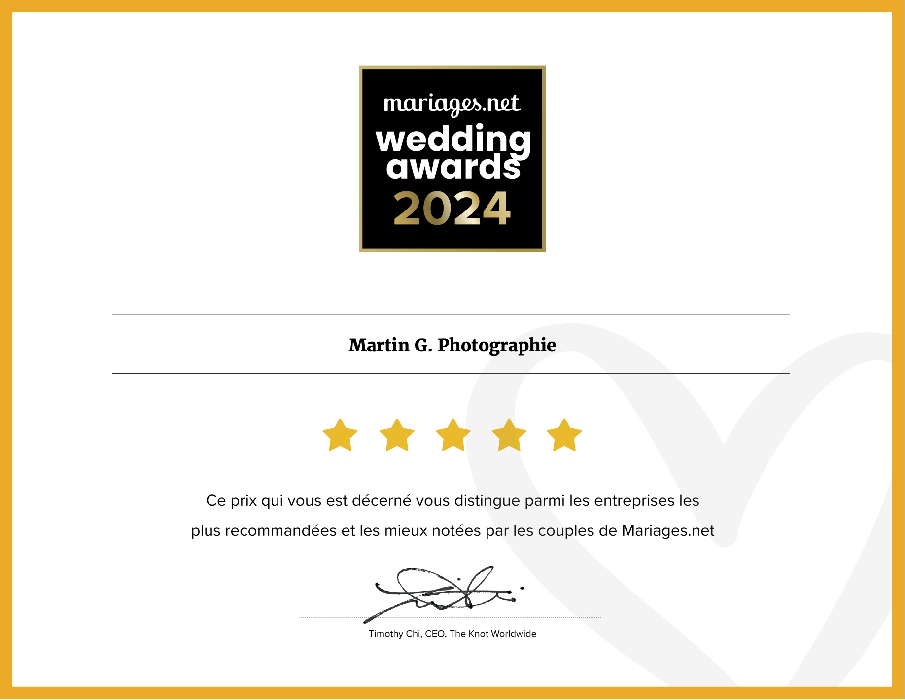 certificat de récompense pour un photographe de mariage